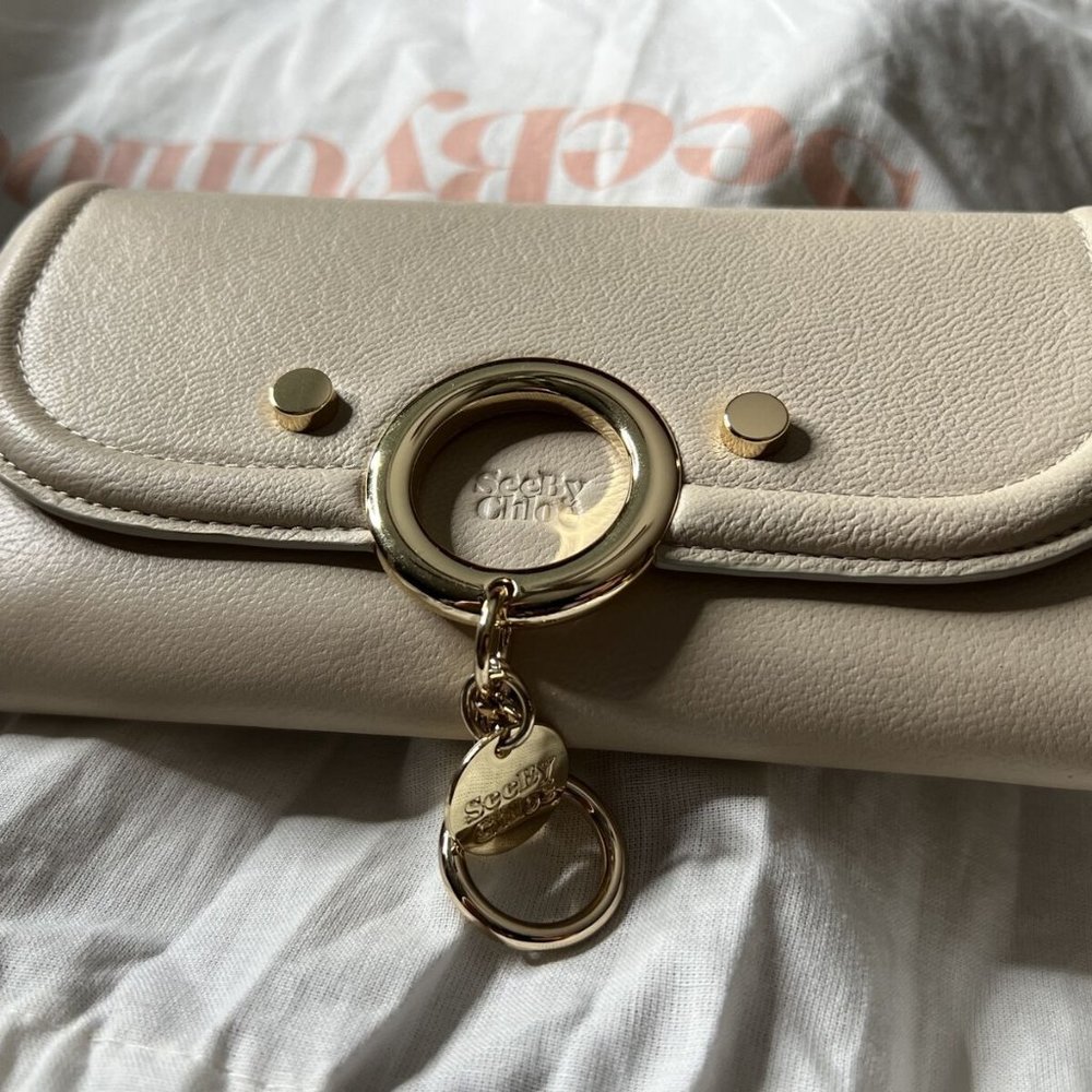 See by Chloe Foldover Long Wallet with Gold Ring Charms in Ivory